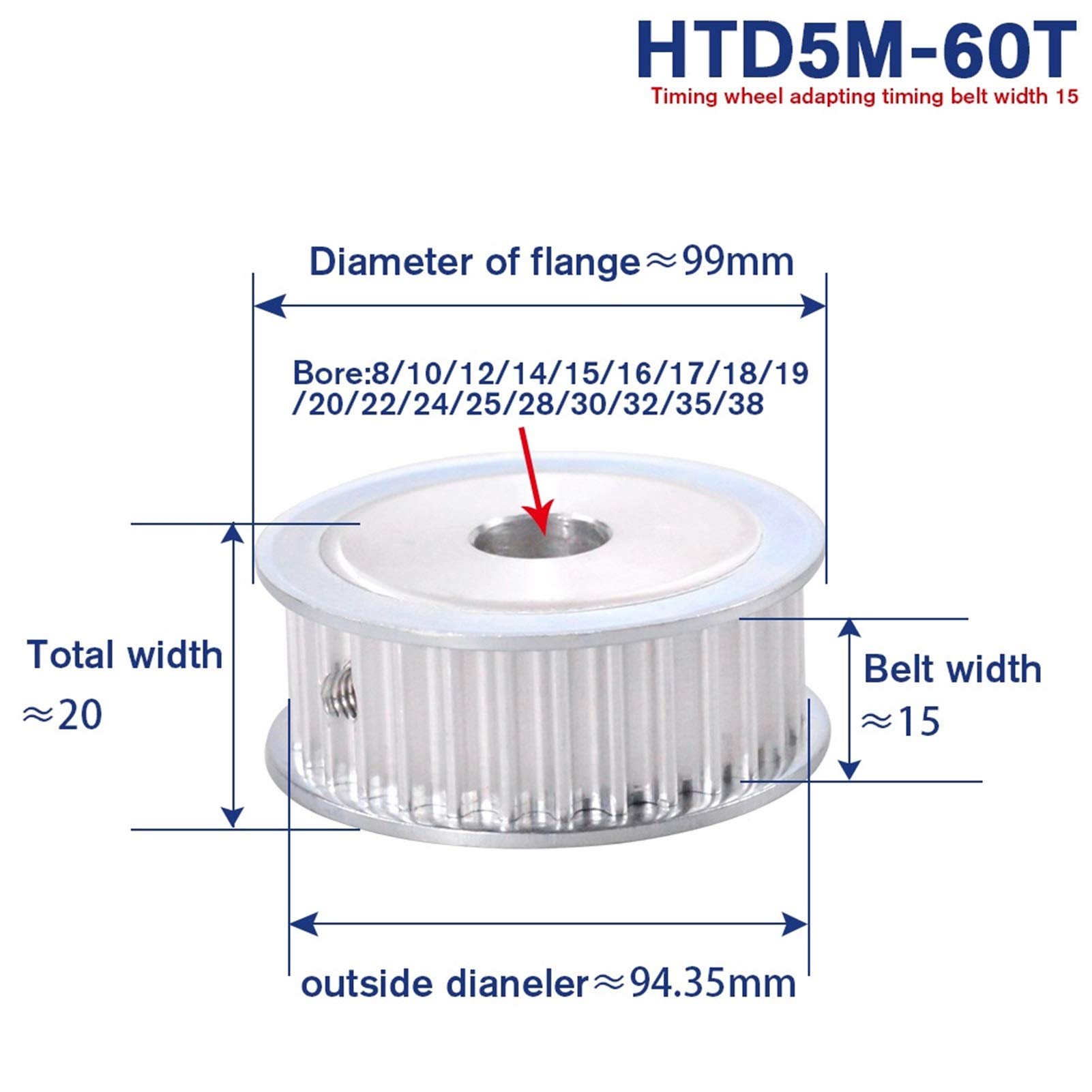 Polea de distribución Polea de Tiempo de aleación de Aluminio de 5m Tipo 60T 60teeth, Orificio 12/14 / 15/19/20/22/25/28 / 30mm, Tono de 5 mm, Ancho de 16 mm, polea síncrona HTD5M