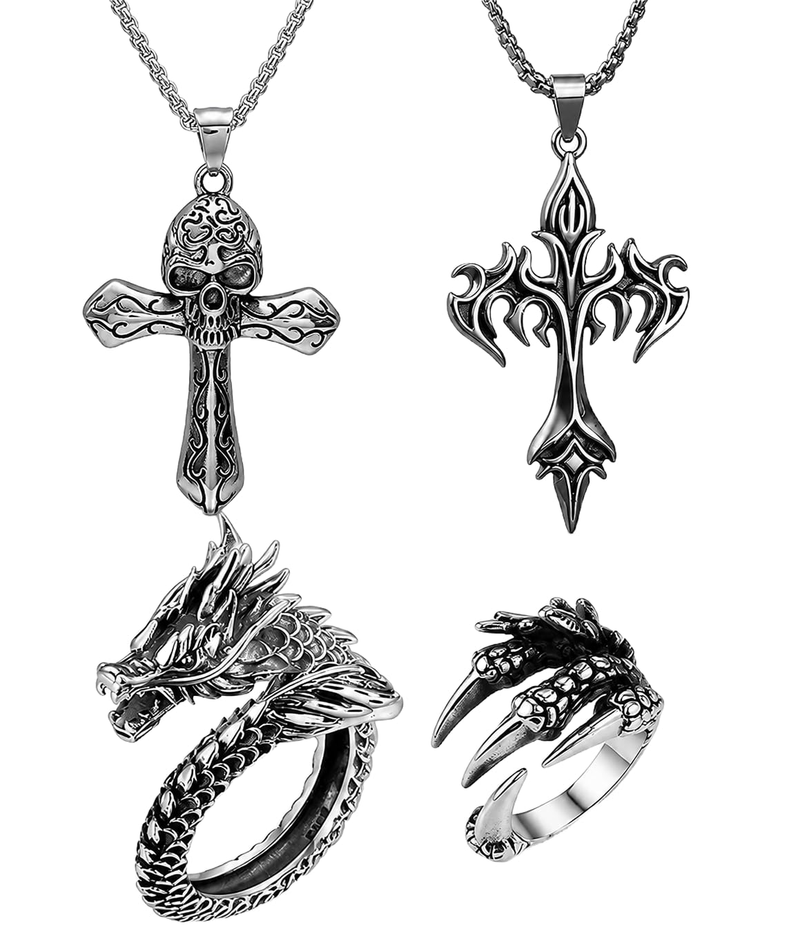 4Pcs Cross Necklace for Men, Ring For Men, Hip Hop Jewelry Set and Men Rings, Unified Outfit Coordination Accessories for Stage Performance and Daily Wear-image-4