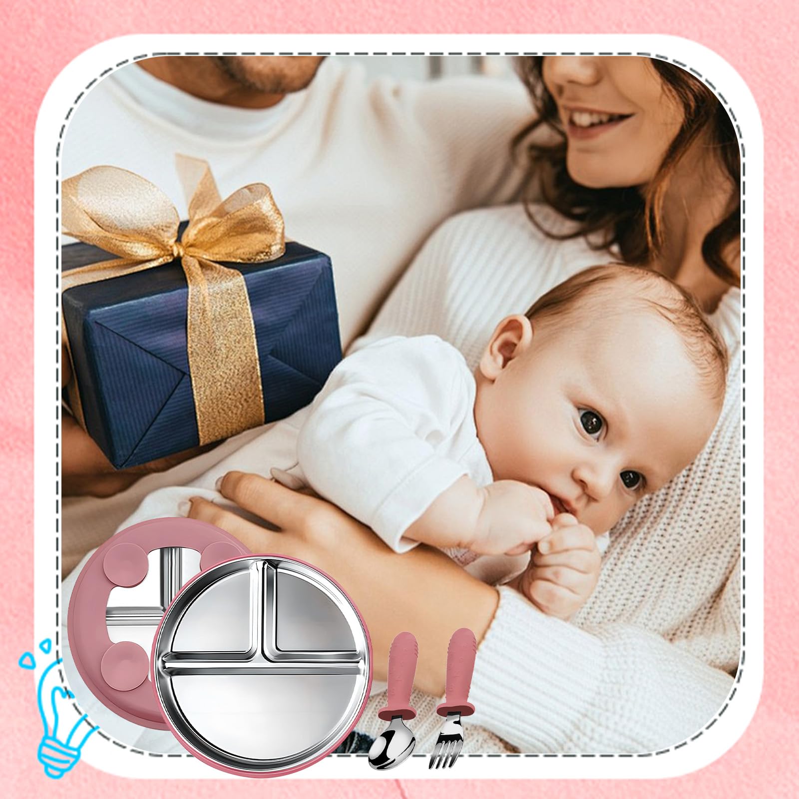 Set Piatto Svezzamento con Ventosa – Piatto Bambini in Acciaio Inox 304 e Silicone, Posate per Autoalimentazione BLW, Lavabile in Lavastoviglie, Antiscivolo, Senza BPA, Dai 6 Mesi