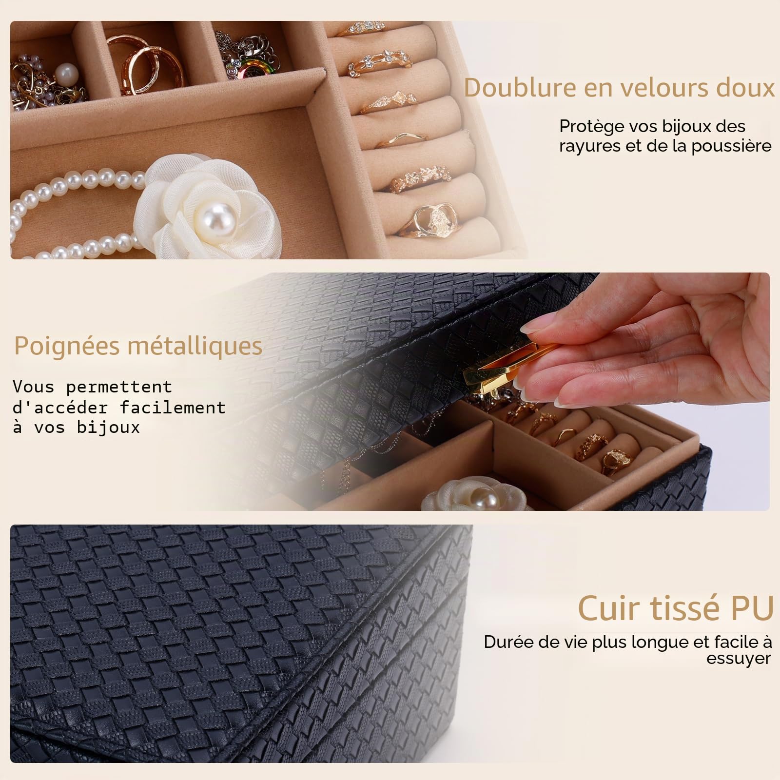 Gifturbo Boîte à bijoux, boîte à bijoux avec 2 niveaux, boîte à bijoux en PU cuir grande boîte à bijoux pour bagues, boucles d'oreilles, bracelets, colliers, noir