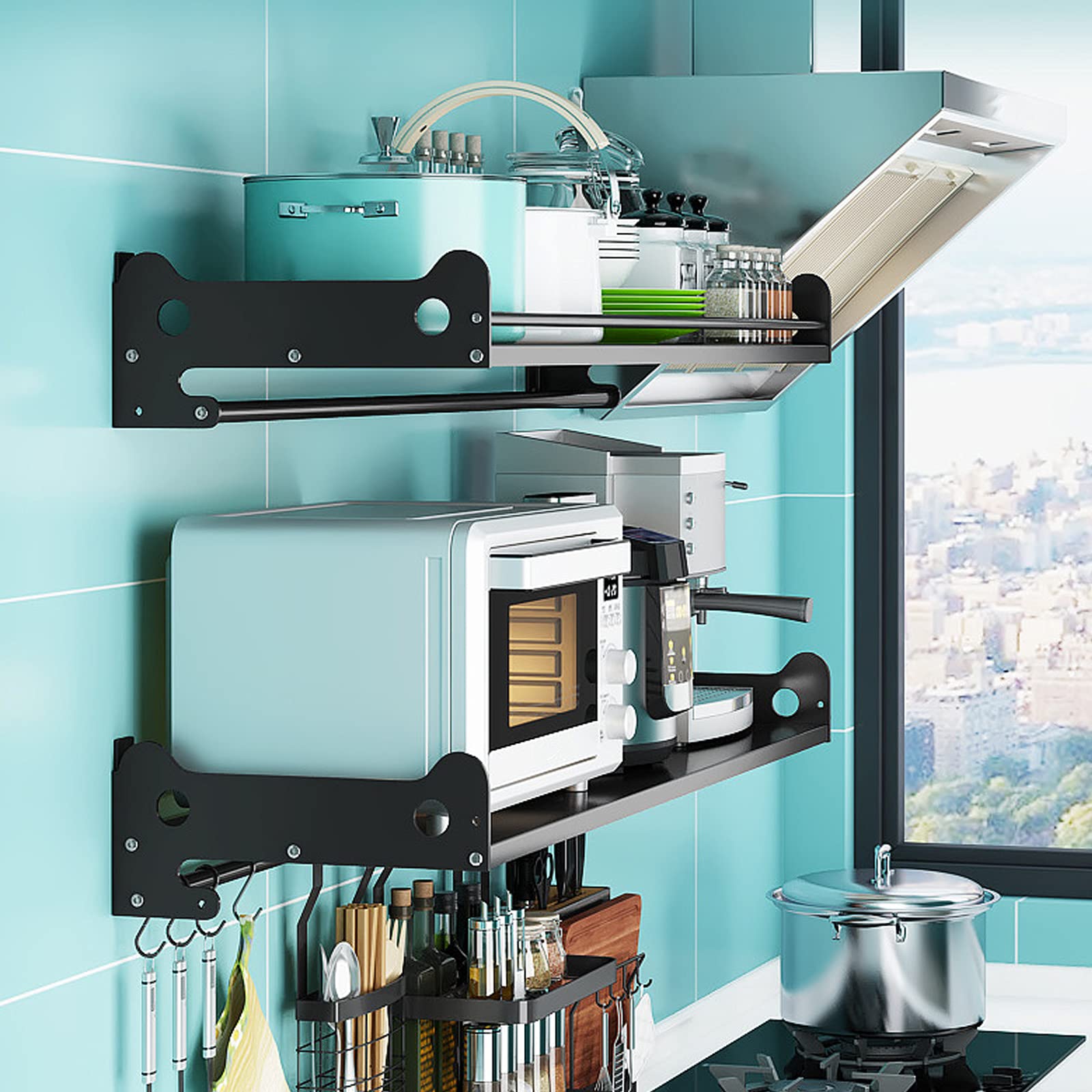 Magnetron oven rek, keuken rek, keuken 304 roestvrij stalen beugel met 5 haken wandmontage keuken opbergrek thuis plank (maat : 60 cm