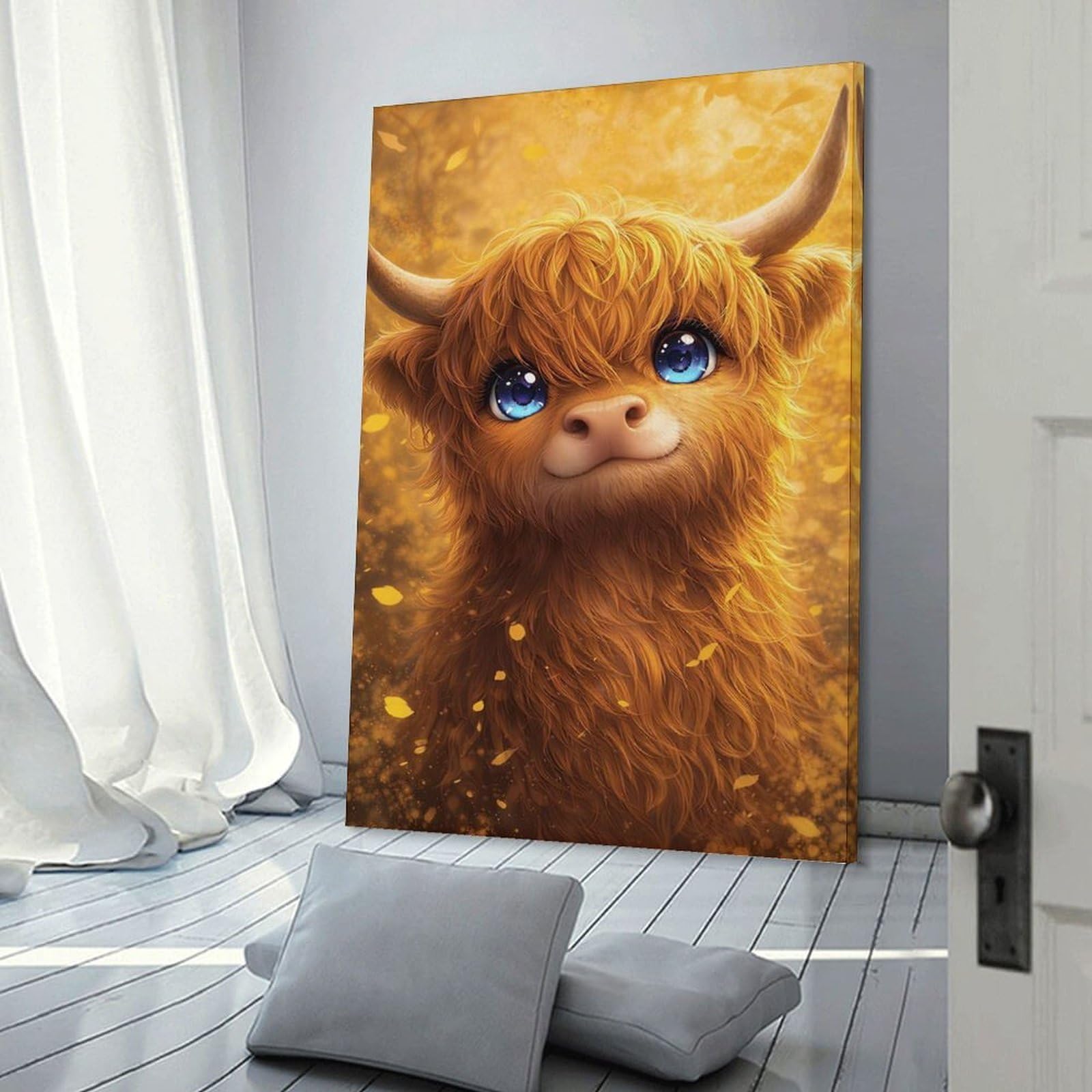 Junmoney Cute Highland Cow in Autumn Canvas Wall Picture, 24x36inch(60x90cm), for Wall Displays, Bedrooms Or Room Updates, Wall Decor Suited to Curated Displays