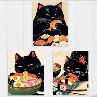 3 Stück Lustige Katze Frosch Leinwand Wandkunst Vintage Japanische Katze isst Ramen Sushi Kunst Gemälde Wanddekoration Einzigartige Geschenke Drucke Bild für Zimmer Schlafzimmer Wohnzimmer Dekor