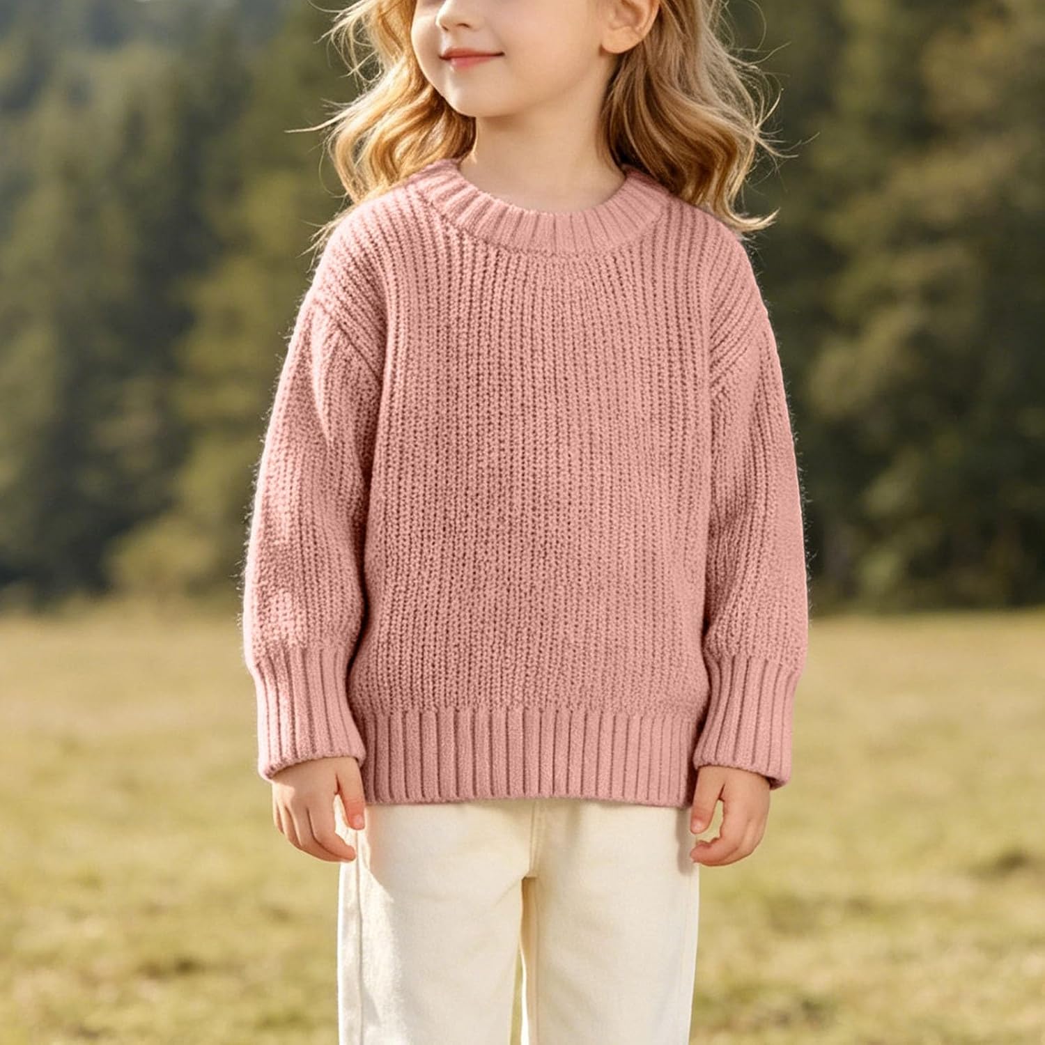 Oplxuo Boys Girls Chunky Knit Sweater Crew Neck Long Sleeve Casual Pullover