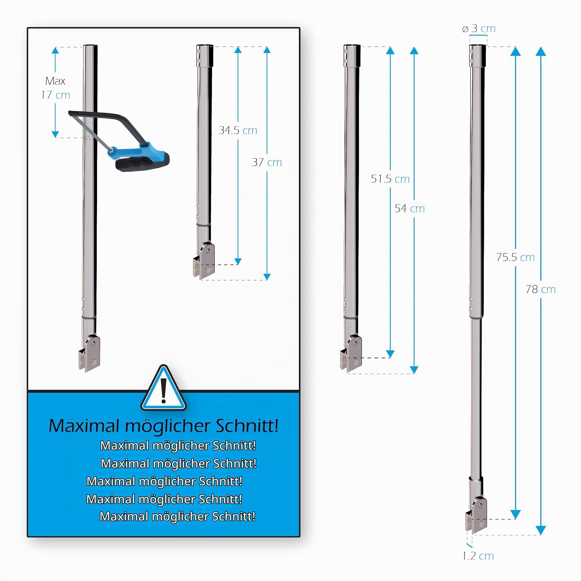 i-flair Decken-Haltestange für 6/8/10 mm Walk In Duschwände mit drehbarem 360° Gelenk - Stabilisator aus V2A Edelstahl mit Verstellbereich 34,5-75,5 cm für Glasduschen 21M