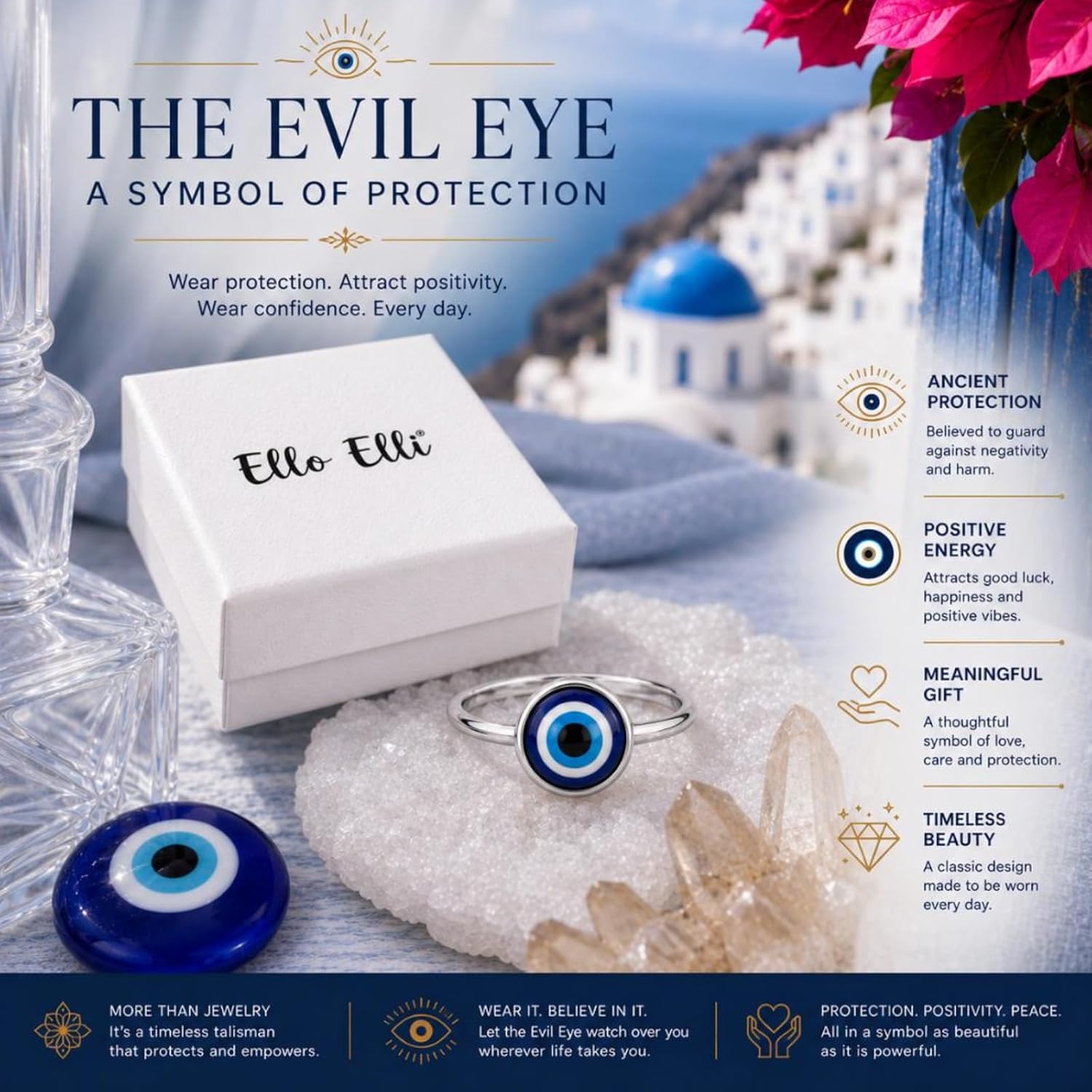 Ello Elli Evil Eye Ring for Women, Minimalist Stainless Steel Band, Blue Eye Protection Design, Sleek Everyday Jewelry