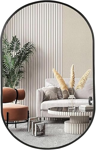 Espejo ovalado negro, espejo de baño ovalado de 17 x 30 pulgadas, espejo de tocador con marco de metal cepillado, espejos de montaje en pared para