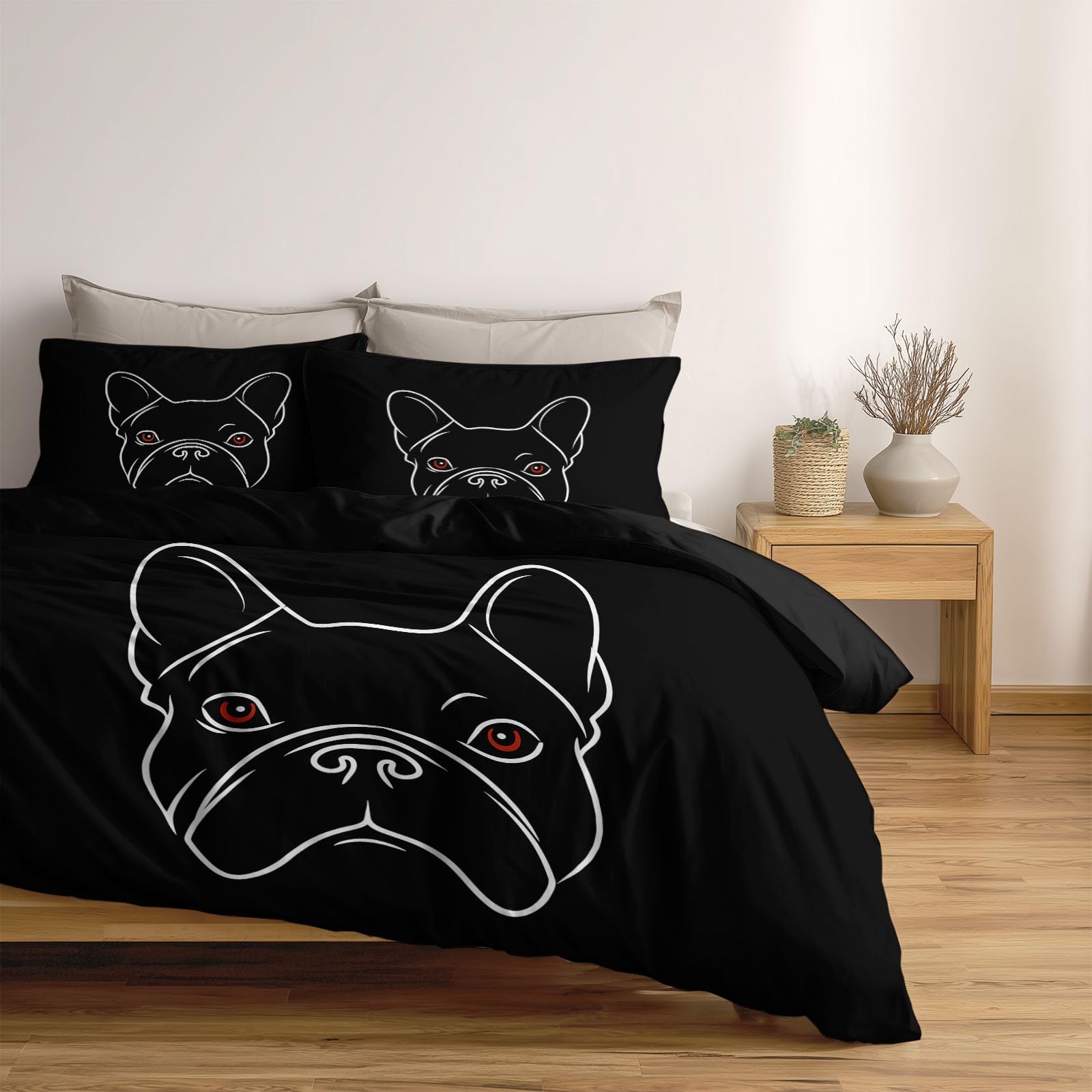 Generisch Minimalistische Linie 3-teiliges Bettwäsche-Set, 1 Bettbezug 240 x 220 cm und 2 Kissenbezüge 80 x 80 cm, Schwarz, Haustier Hund Textur, Pflegeleicht, Erwachsene, Schlafzimmer