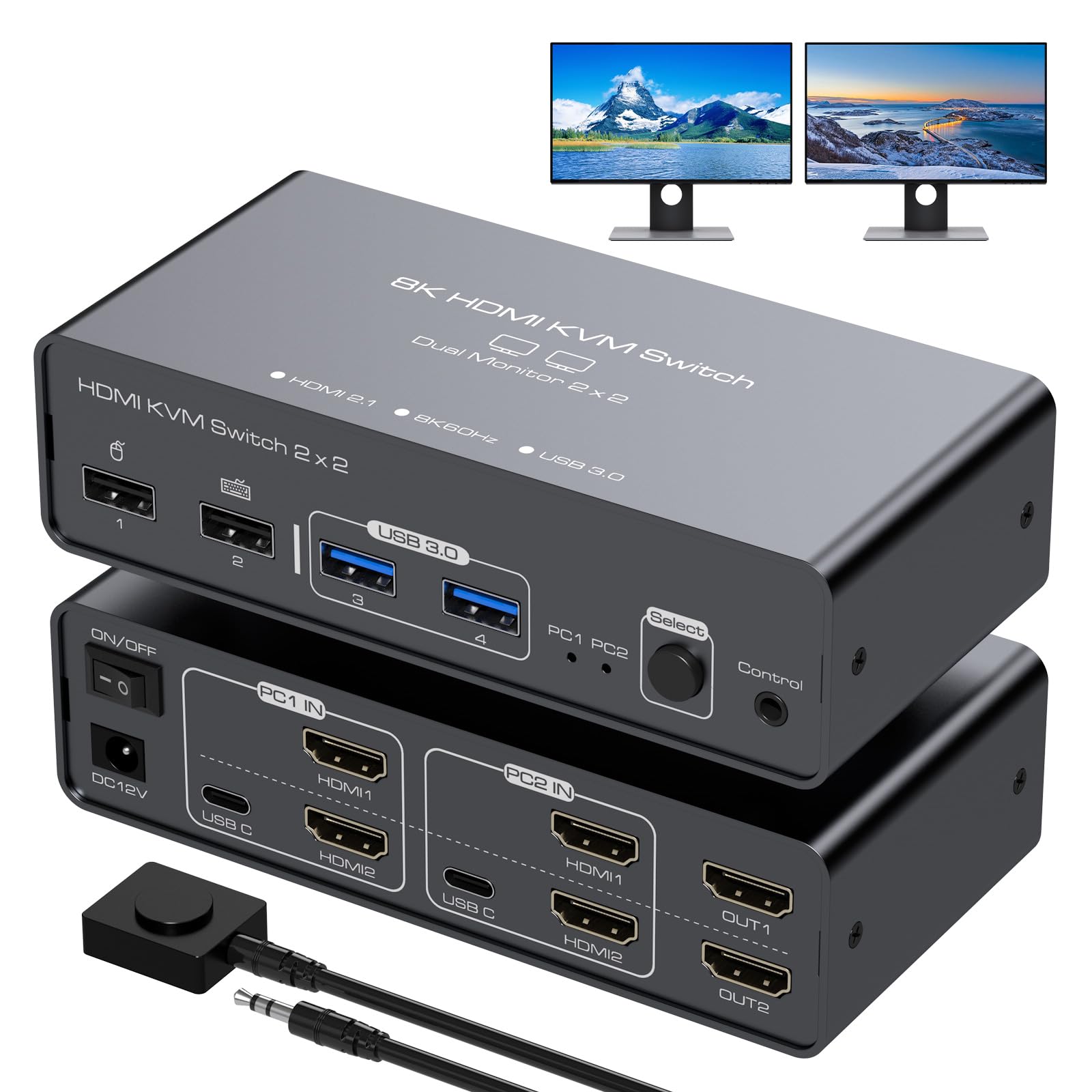 Diagram showing the complete setup of the VEDINDUST KVM HDMI Switch, connecting two PCs to two monitors and shared USB peripherals.