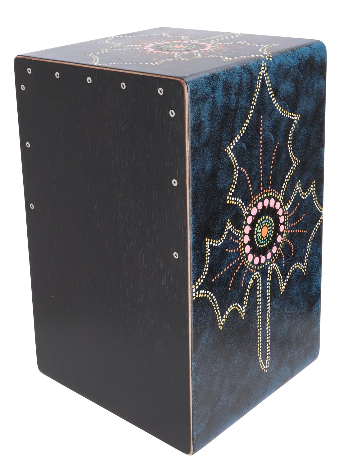 Farbige Cajon, Holztrommel Percussion Instrument mit Bass, Dot Art Leaf | Hochwertige HPL und Sperrholz, handgemaltes Design, ideal für Jam Sessions und Gigs, 20-spiraliger Snareteppich.