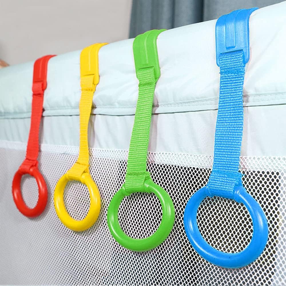 Baby Pull Up Bar Baby Walking Assistant 4 Pieces Baby Bed Stand Up Rings Baby Cot Hanging Rattle Toys Safety Harness Straps for Playpen Strollers
