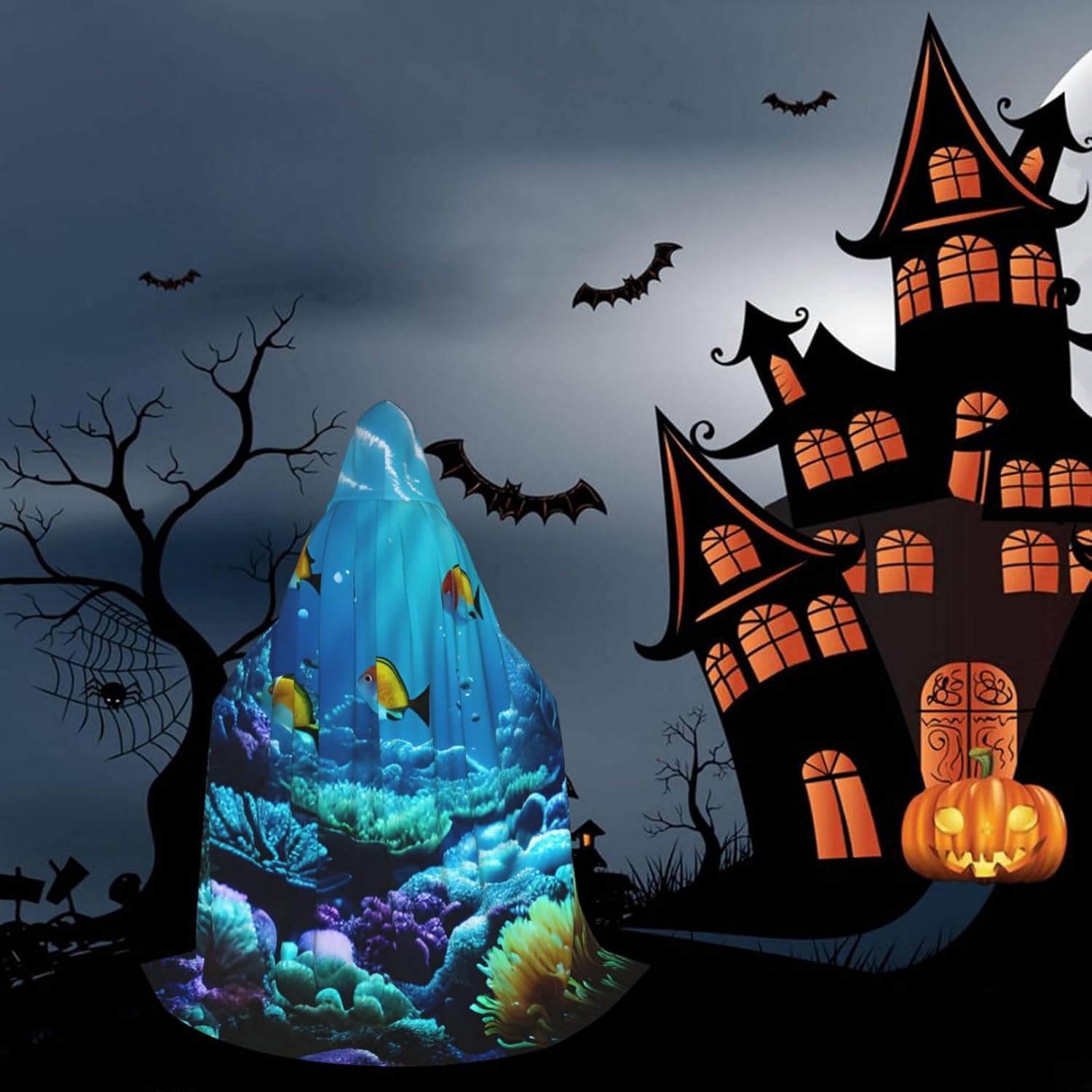 Tranquil Underwater Scenery print Wizard Hooded Robe Medieval Cape Renaissance Cloak for Men Women Halloween Costume