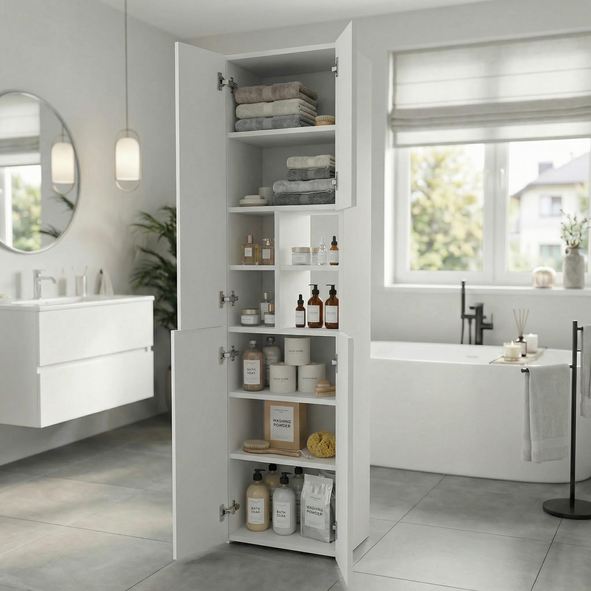 Badschrank Hochschrank schmal stehend | Badezimmer Regal mit Stauraum | platzsparender Badezimmerschrank | Weiß
