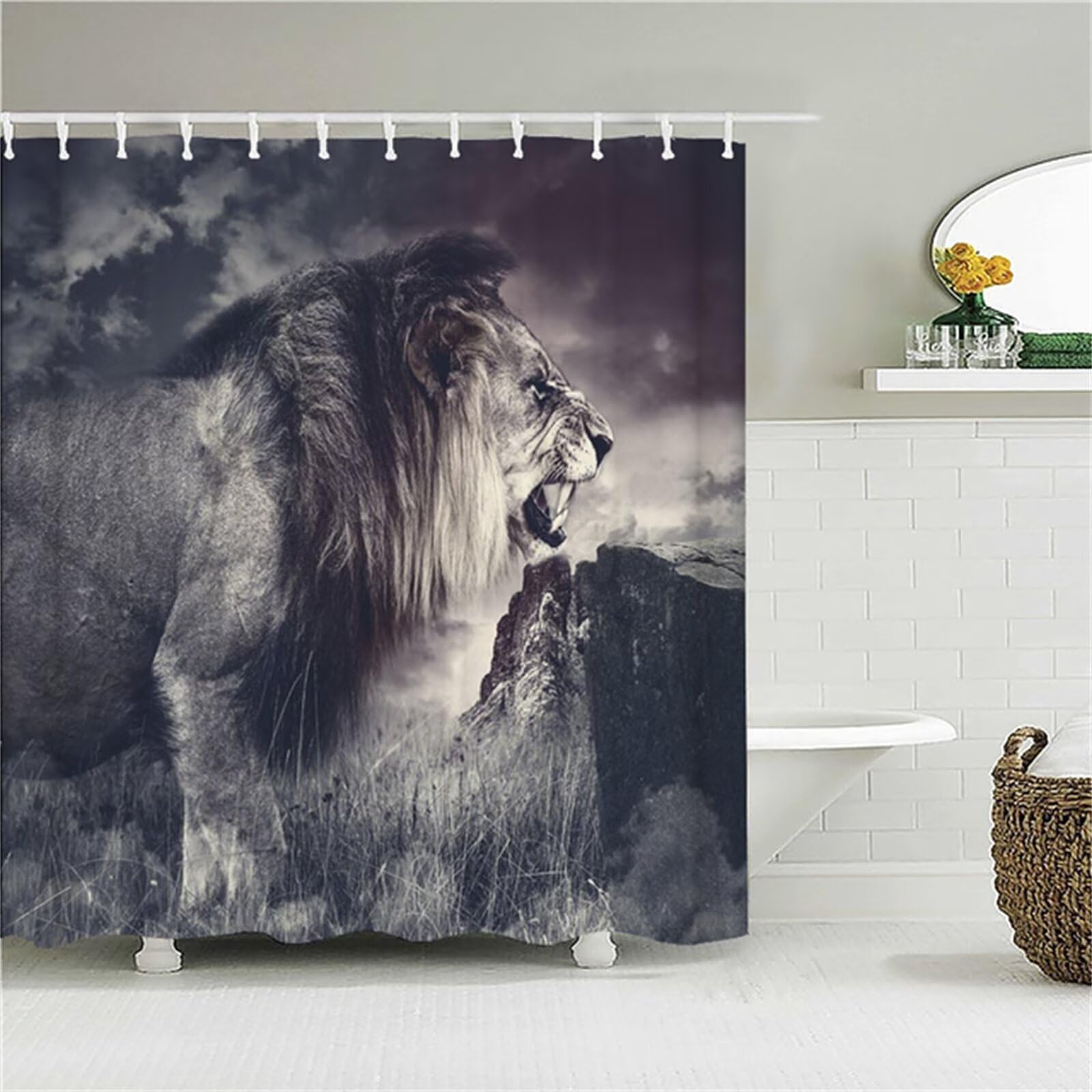 Duschvorhang W220cm x L200cm Tier Löwe Duschrollo Anti-Schimmel Wasserdicht Duschvorhänge 3D Outdoor Vorhang Waschbar,Schnell Trocknend Textil Polyester,Extra Lange Badezimmer Gardinen mit Haken M-472