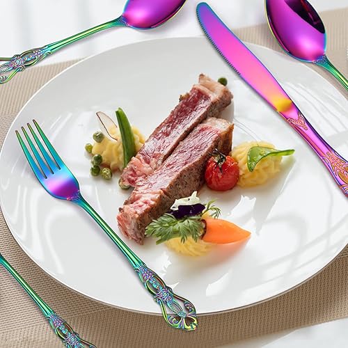 Miniatura 310 de A·HOUSEWARE - Juego de cubiertos iridiscentes con diseño hueco, 20 piezas, acero inoxidable, incluye tenedores, cucharas, cuchillos, utensilios