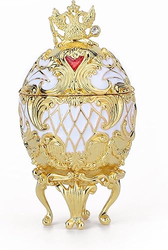 FASSLINO Faberge - Cajas de abalorios de huevo clásicas esmaltadas pintadas a mano, adornos vintage de metal para decoración del hogar (blanco)