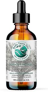 Argan Oil. 120ml. 100% Pure. Moroccan, Cold-pressed, Unrefined, Organic, Hexane-free, Natural Moisturizer for Skin Hair. Non-comedogenic. Anti-aging. Great for sensitive, acne-prone skin. Bella Terra Oils…