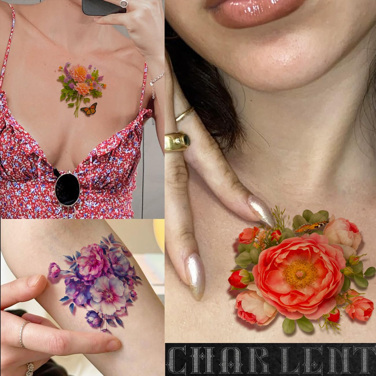 CHARLENT 3D Flower Sleeve Temporary Tattoos for Women - 25 Sheets Realistic Flower Fake Tattoos for Arm Leg Body/Long Last/Waterproof - Image 3