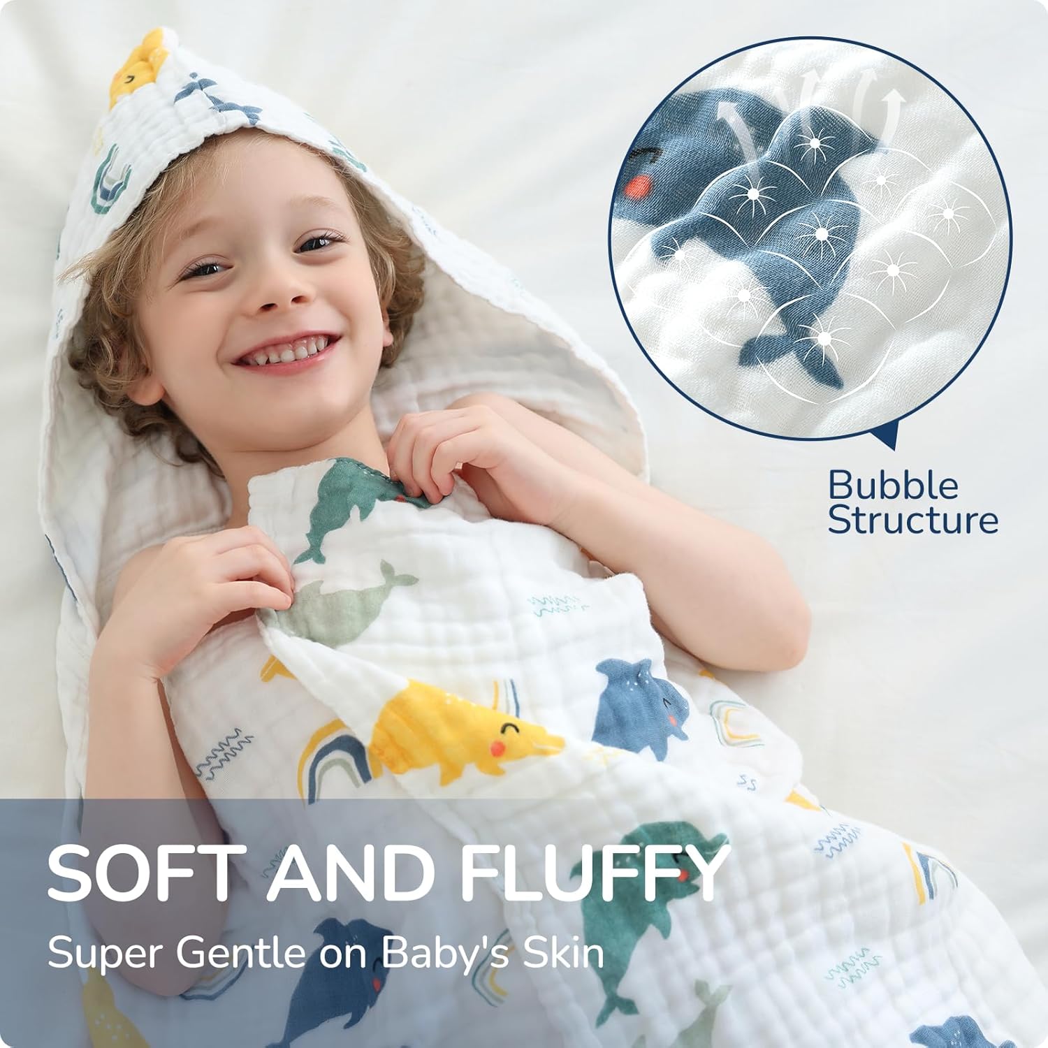 Toddler Hooded Bath Towels,100% Cotton Muslin Baby Towels for Boys Girls,Ultra Soft & Absorbent Quick Dry Kids Towel for Beach,Pool,Bathroom,Large 43x43 Inch