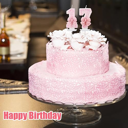 Miniatura 4 de Velas de cumpleaños de 0 a 9, 2.95 pulgadas con lazo rosa con purpurina para decoración de tartas para niños, niñas, adultos, cumpleaños, boda,
