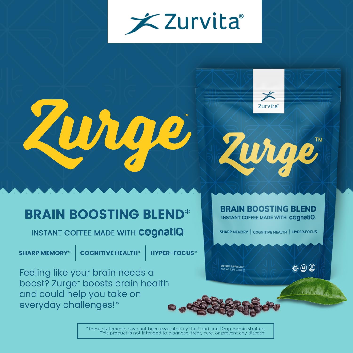 Zurvita - Zurge Instant Coffee - Boost Cognitive Health with CognatiQ, Lion's Mane, and More Enhance Clarity with Colombian Arabica - 30 Servings