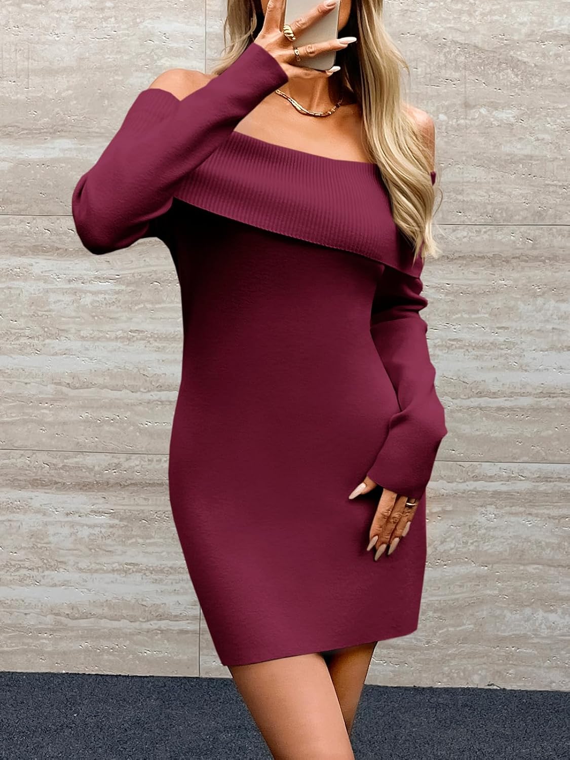 Wenrine Womens Off The Shoulder Sweater Dress Casual Ribbed Knit Long Sleeve Bodycon 2025 Fall Party Mini Dresses - Image 4