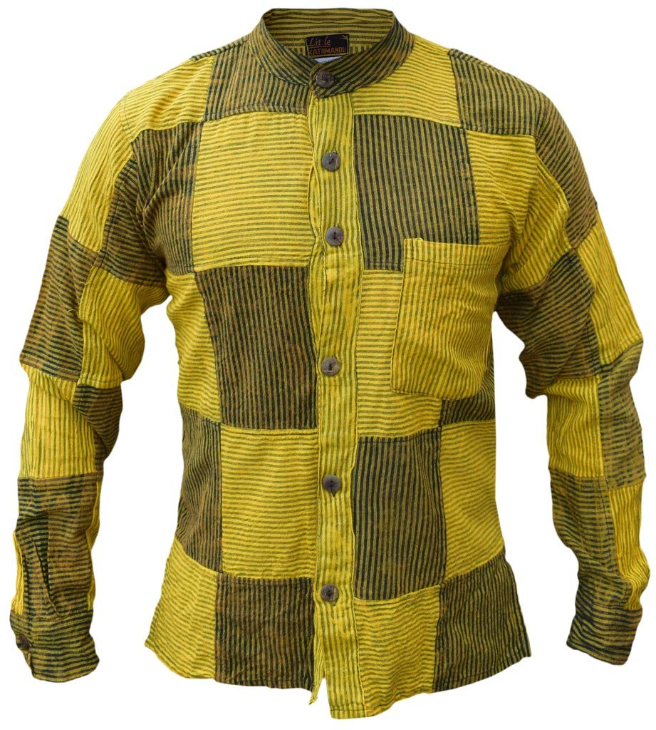 Gheri Men's Yellow Black Stripe Pin Striped Cotton Grandad Button Down Summer Shirts Yellow Black Medium
