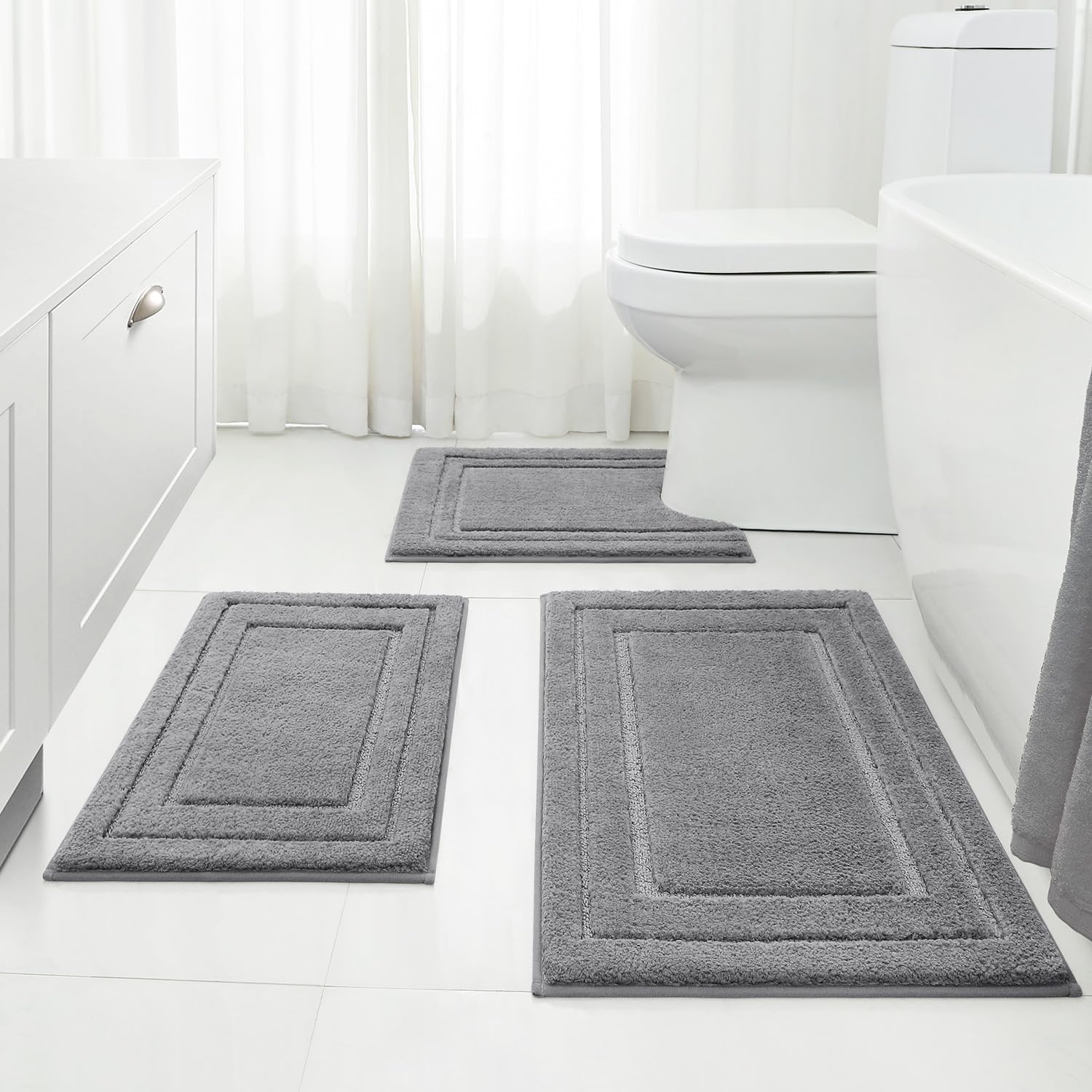 HOMEIDEAS Bathroom Rugs Sets 3 Piece, Super Soft and Absorbent Non Slip Microfiber Toilet Bath Mat with U-Shaped (Grey)