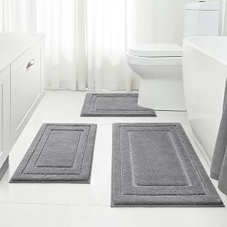 HOMEIDEAS 3-Piece Grey Bathroom Rug Set - Super Soft Absorbent Non-Slip Microfiber Bath Mats with U-Shaped Toilet Mat