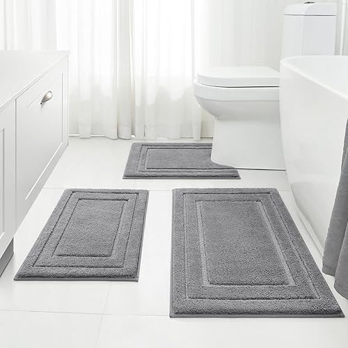 HOMEIDEAS juego de alfombras de baño de 3 piezas, alfombrilla de baño de microfibra súper suave y absorbente antideslizante con forma en U (gris)