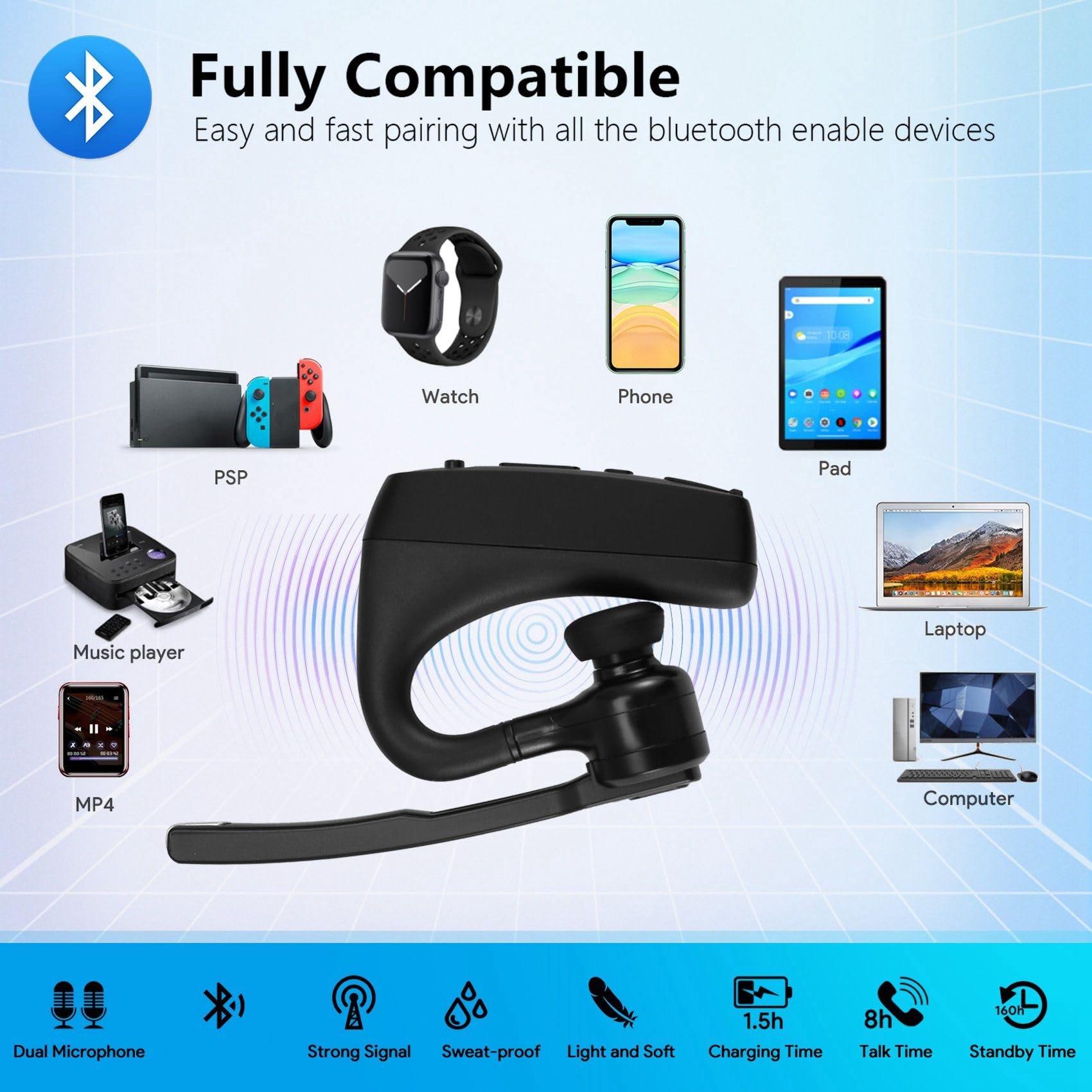 Écouteur Bluetooth Talkie-Walkie avec Adaptateur de Prise K Télécommande PTT sans Fil pour Hôtel-Restaurant