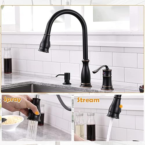 Miniatura 3 de APPASO APS218ORB - Grifo de cocina extraíble de 3 agujeros con rociador de bronce aceitado, 3 piezas, grifo de fregadero de cocina extraíble con