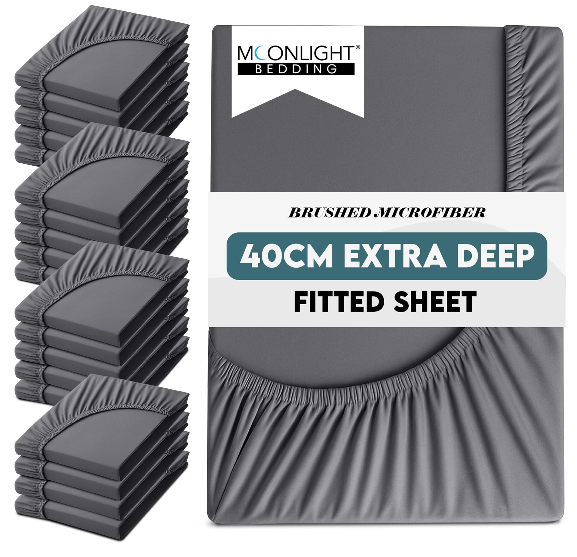 Moonlight Bedding Fitted Bed Sheets Double 20 Pack 40CM Charcoal Bottom Sheet with Elastic Corners 16 Inch Extra Deep Pocket Brushed Microfiber Easy Care Breathable Shrinkage Fade-Resistant โ image 1
