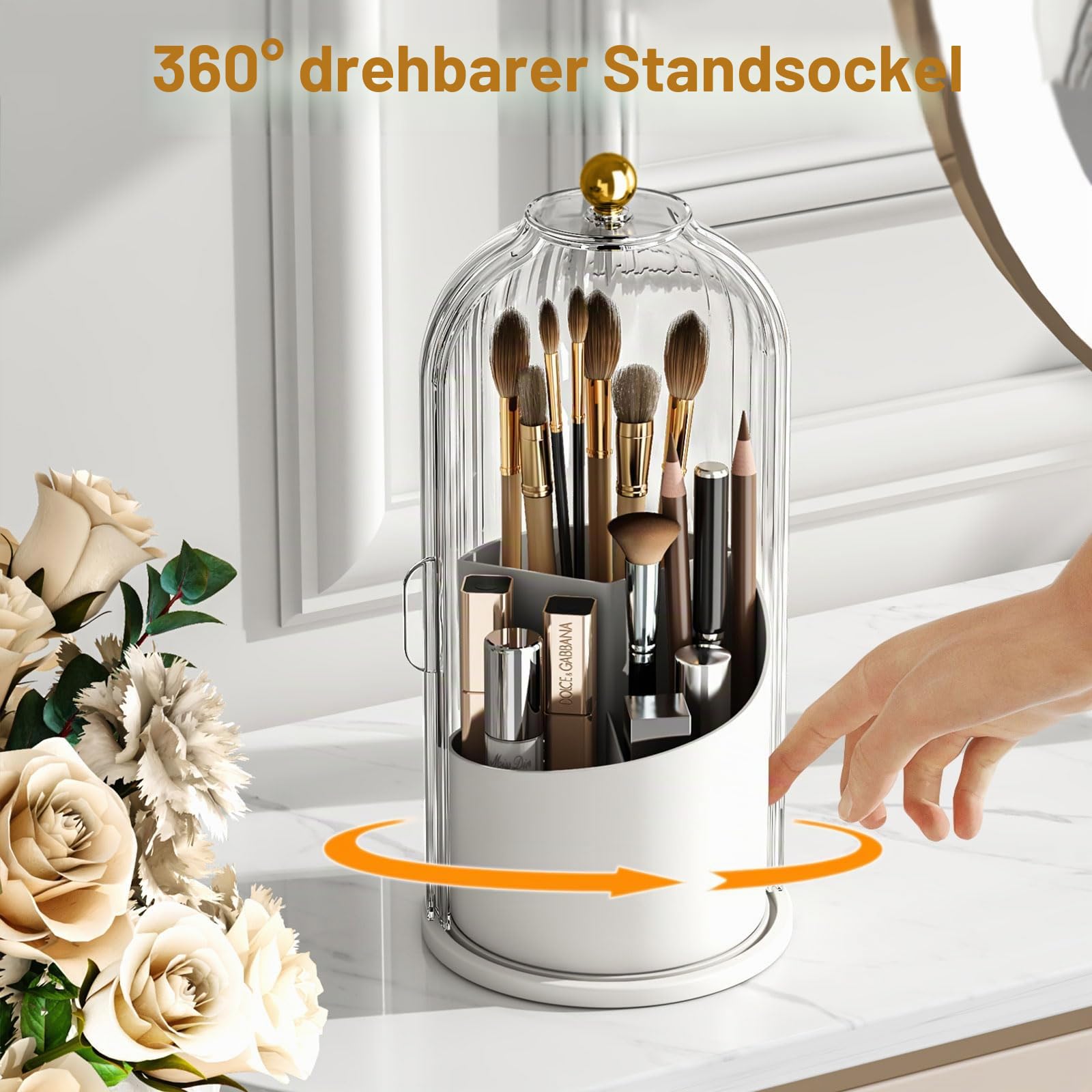 YOOLENS Make-up-Pinselhalter mit Deckel, um 360 Grad drehbar, transparent, staubdicht, Make-up-Organizer für Schminktisch, Badezimmer, Arbeitsplatte, transparent