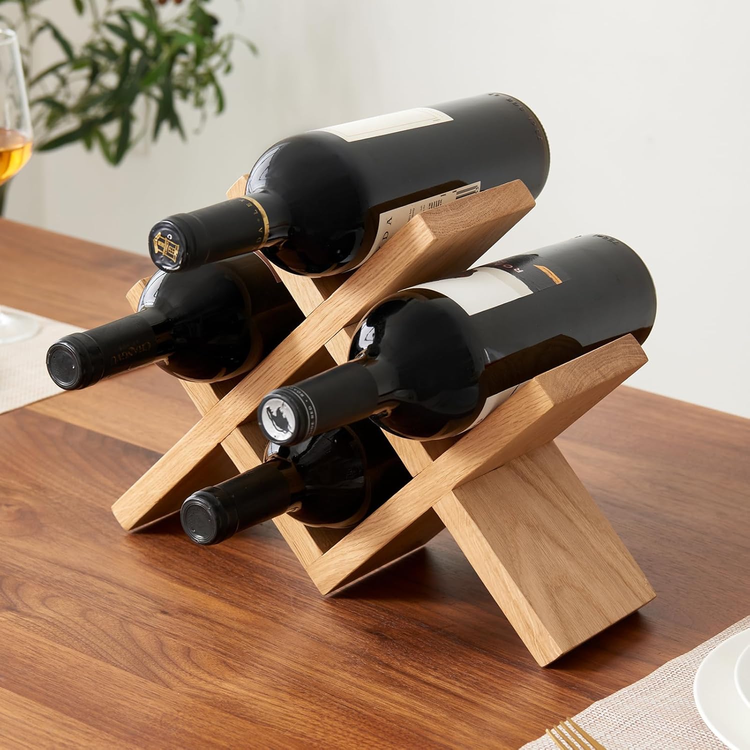 Solid Oak Wine Rack Countertop, 4 Bottle Tabletop Wine Holder - No Assembly Free Standing Wood Display for Kitchen, Bar, Office, Living Room | Walnut