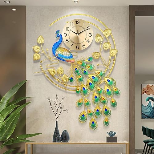 Miniatura 8 de Reloj de pared grande de pavo real silencioso sin tictac, reloj de pavo real creativo 3D de lujo de mediados de siglo, relojes de pared de pavo real