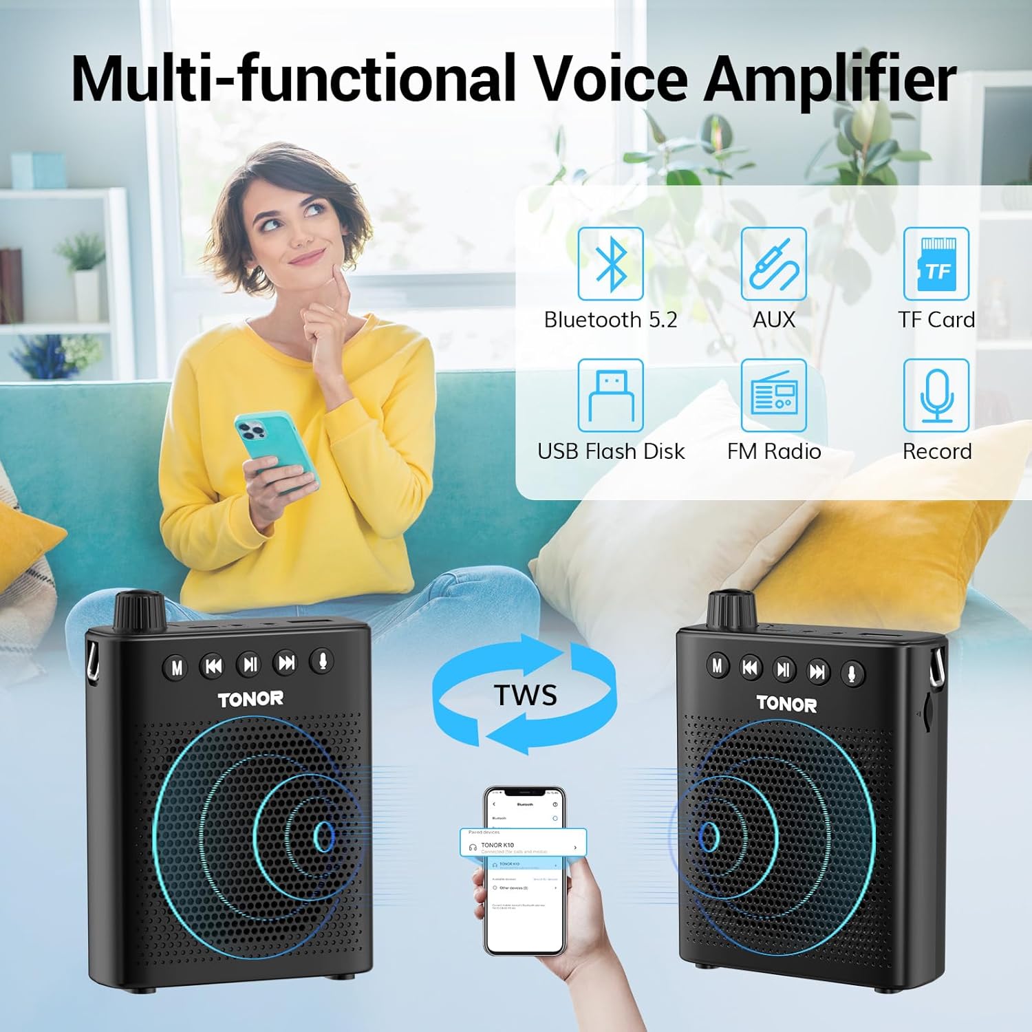 TONOR Voice Amplifier for Teachers, 15W Bluetooth Voice Amplifier with Wireless Headset Mic, Portable Megaphone Speaker Rechargeable PA System 82ft for Teaching, Speaking, Fitness Instructors K11 - Image 6