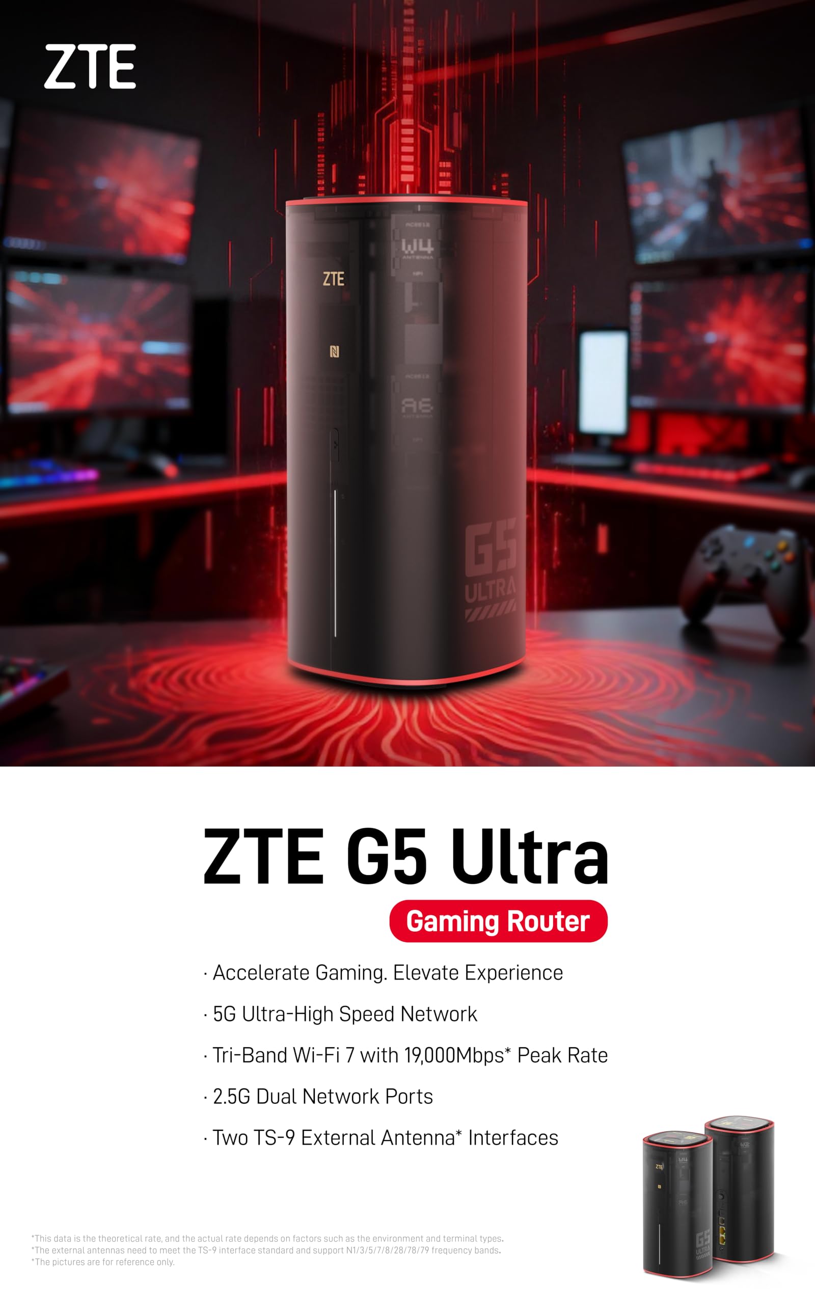 ZTE G5 Ultra Gaming, Router 5G, Tri-Band WiFi 7, 2.5G, Nero