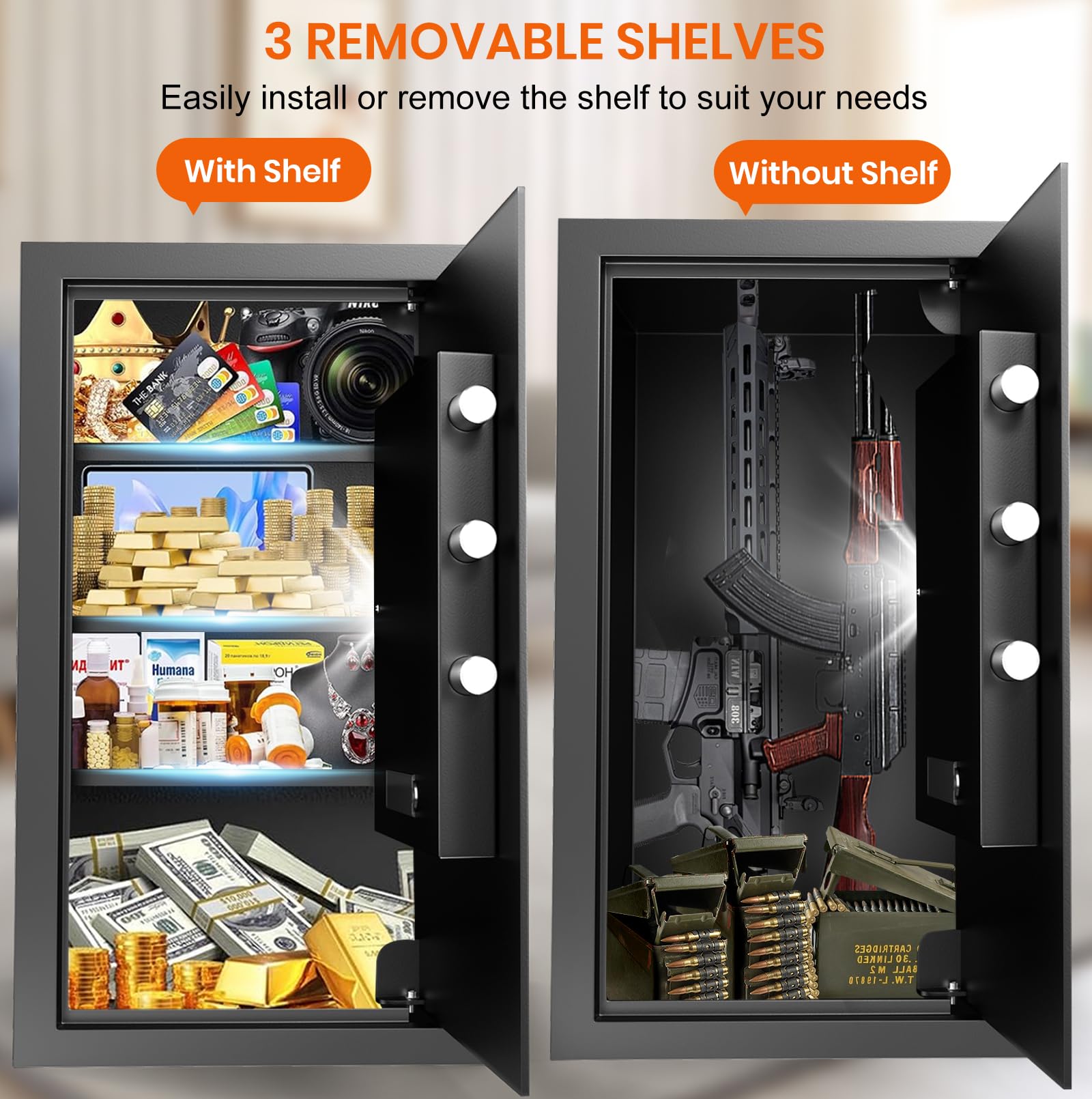 6.1 Cuft - Cassaforte extra large per denaro, impermeabile, cassaforte personale per la casa con serratura a combinazione digitale, luce LED e 3 ripiani rimovibili, cassetta per documenti antincendio