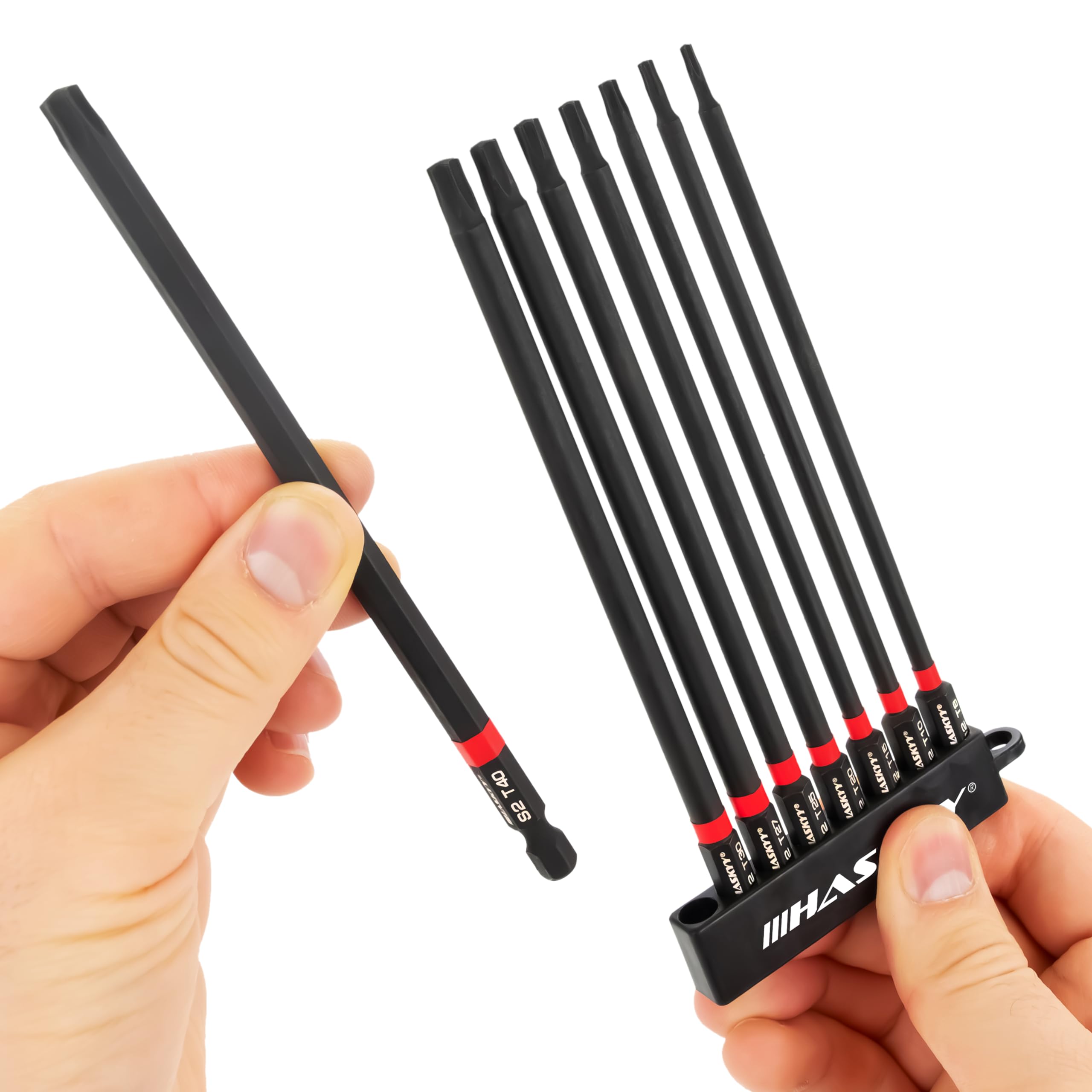 HASKYY Set Punte Torx da 1/4 Pollici, Lunghezza 150 mm, T8 - T40, Punta Lunga Torx Magnetica, 8 Pezzi, Batteria per cacciavite, Nero, Set di Punte esagonali