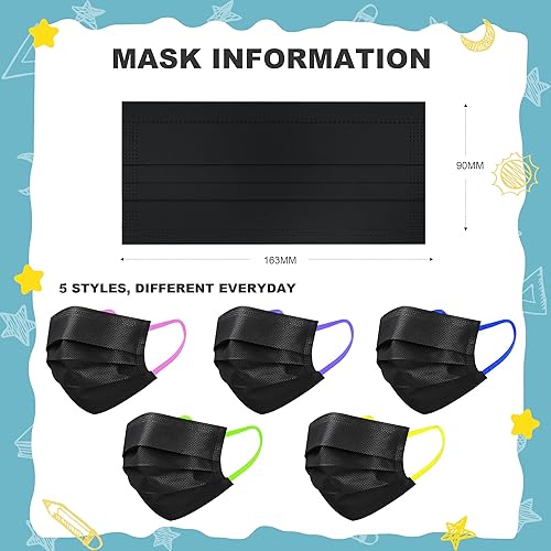Miniatura 2 de Sheal 100 máscaras faciales desechables empaquetadas individualmente, color negro con cintas elásticas coloridas para las orejas, máscaras faciales