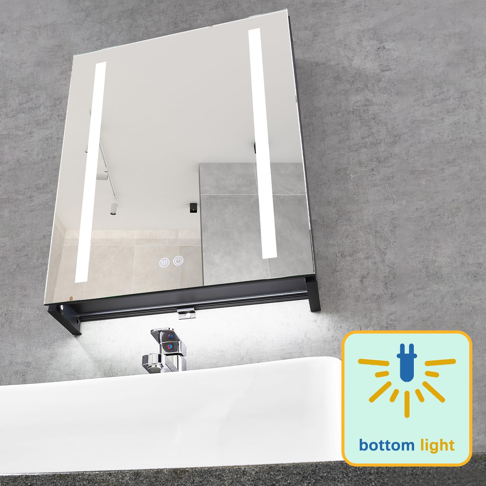 T&K LED Szafka łazienkowa z oświetleniem i odmgłową 50 x 65 cm, z dolnym oświetleniem otoczenia, gniazdo i gniazdo USB, szafka ścienna ze stopu aluminium do lustra łazienkowego