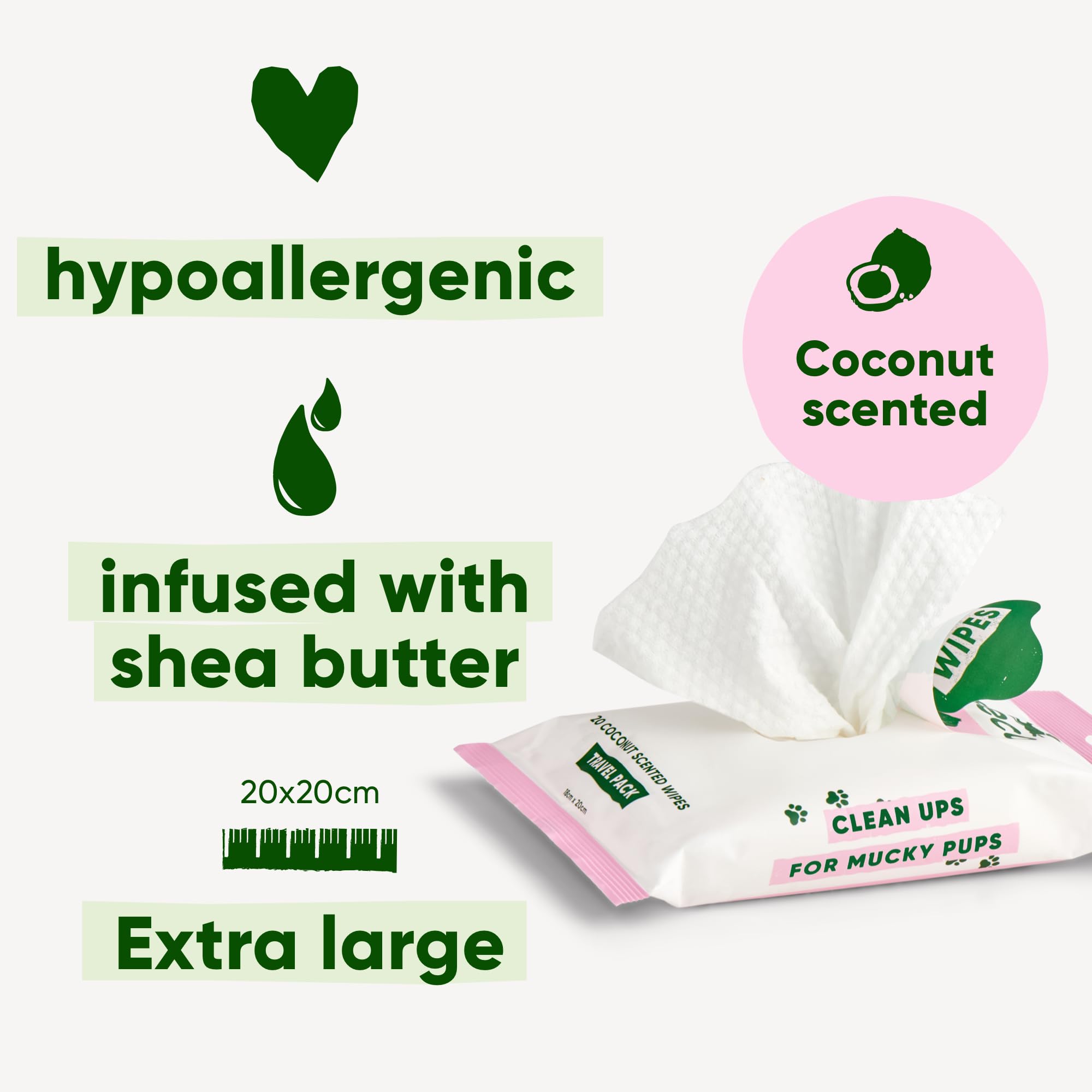 Beco Salviette per Cani, Senza plastica, 20 salviette x 6 Confezioni da Viaggio, al Profumo di Cocco, per Zampe, Corpo e Sedere, salviette per la toelettatura a Base vegetale