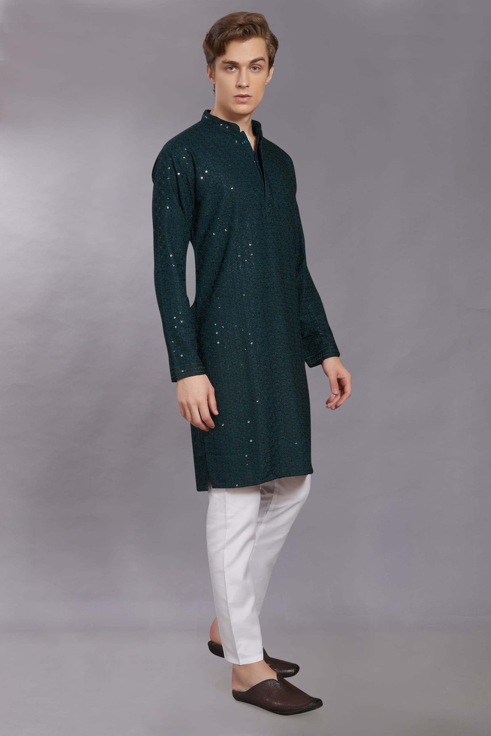 Divisive Men's Sequince Embroidered Cotton Blend Only Slim Fit Kurta (Dkrt234_Xxl_Green)