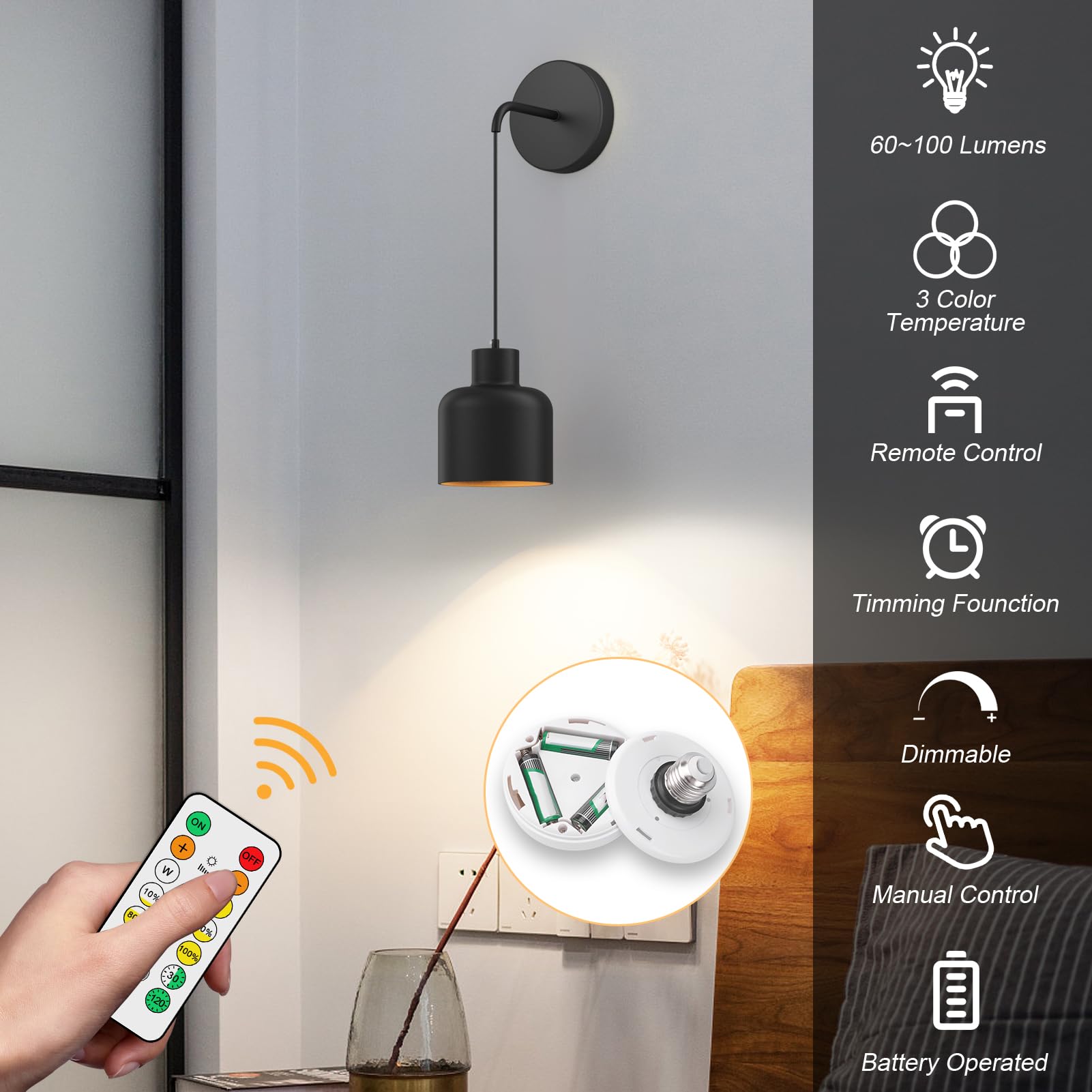 Aoceley Battery Operated Wall Sconces Set of Two,Dimmable Modern Minimalist Wall Lights,Adjustable Height Battery Powered Black Sconces,Indoor Not Hardwired Wall Lamp for Bedroom Living Room Gallery