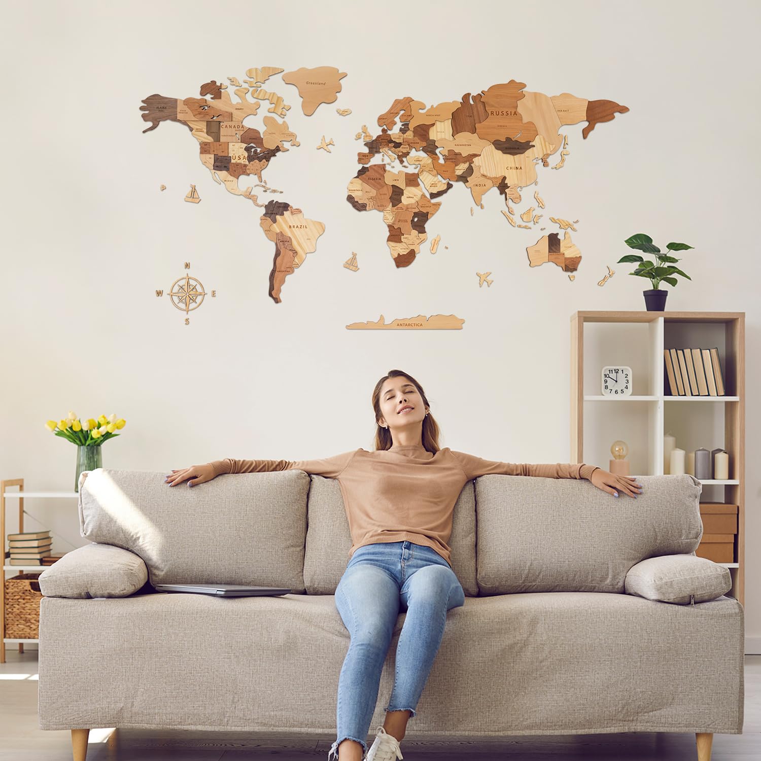 Creawoo Mapa del Mundo 3D de Madera para Decoración de Pared, Grande Mapamundi Maciza Natural Multicapa Arte de Pared para Oficina Sala de Estar Dormitorio, Mapamundi de Viaje de Madera-150x85cm