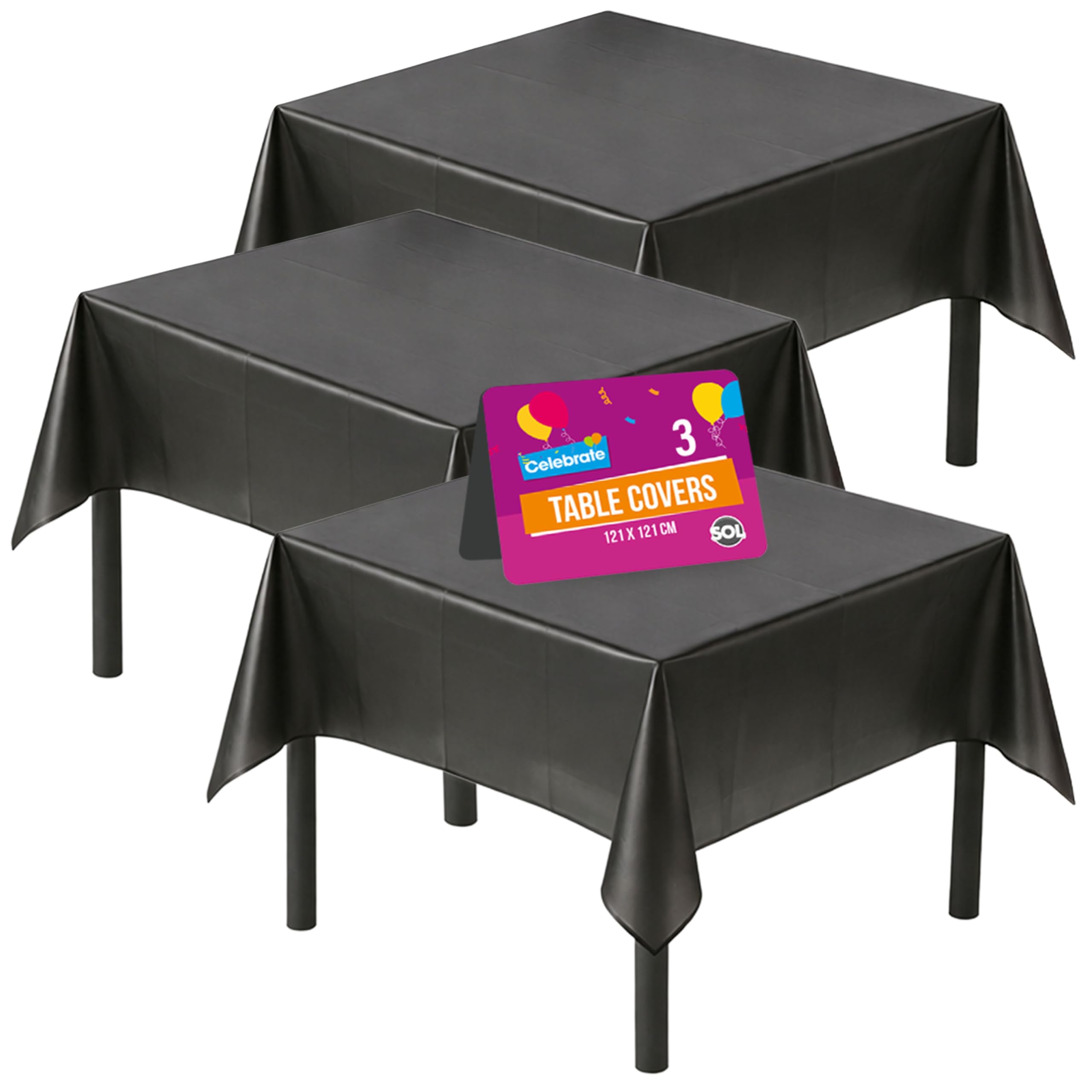 Sol 3Pk Table Cloth Party | 121 X 121Cm | Plastic Table Cover Party | Plastic Table Cloth, Tablecloth Party Table Cloth Black