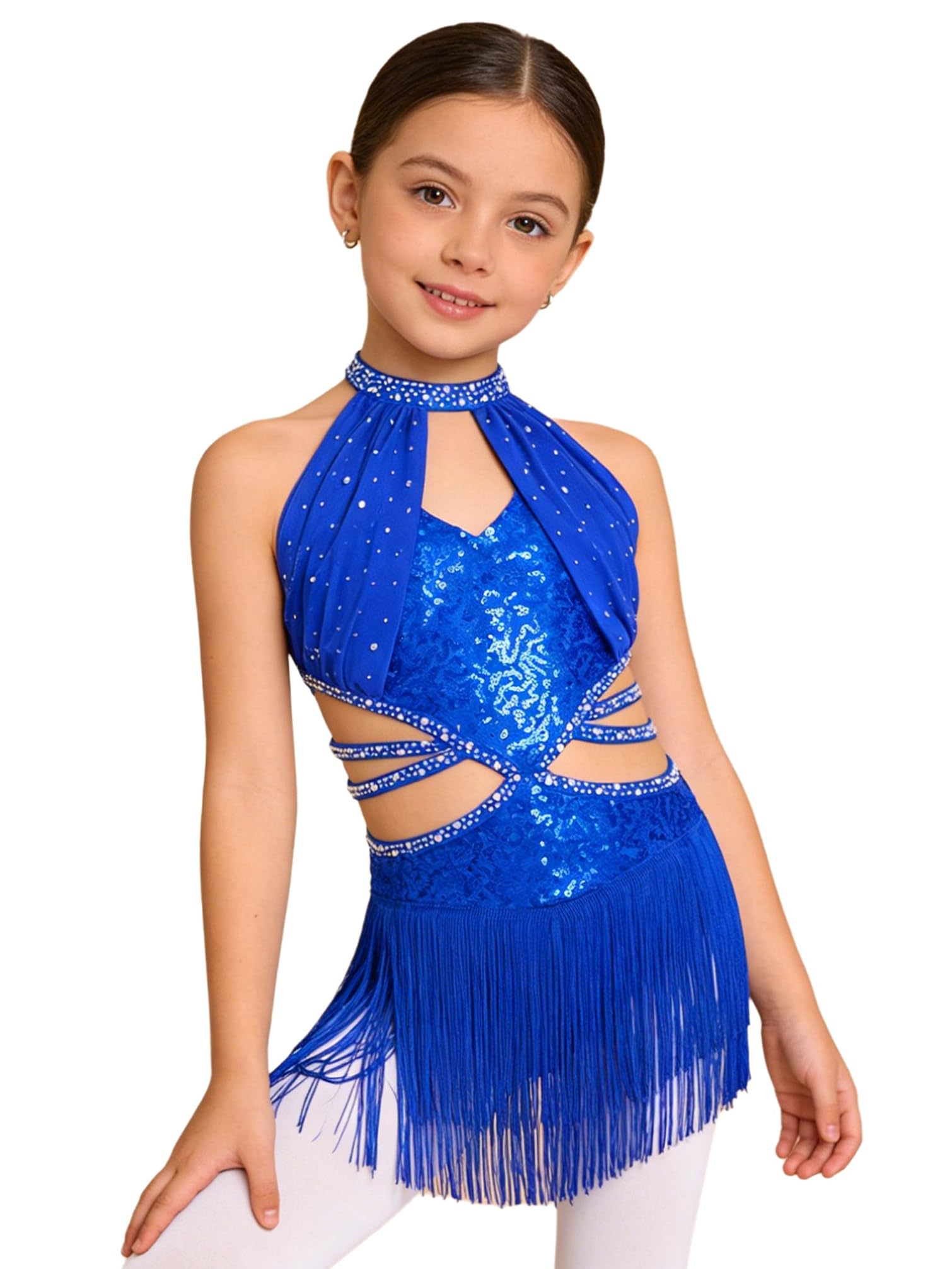 TiaoBug Costume da Ballo Latino Americano Tango Bambina con Frange Paillettes Vestito da Danza Classica Moderna con Nappe Strass Abito da Pattinaggio Artistico Lucido