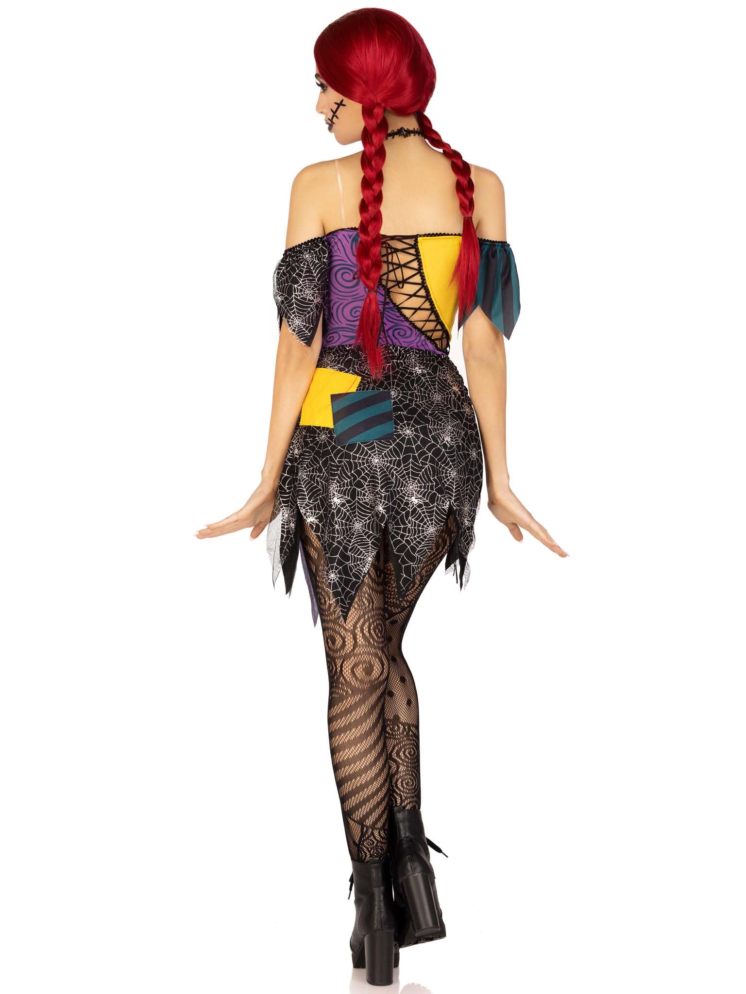Leg Avenue 3 PC Darling Rag Doll, includes patchwork dress with adjustable lace ups and tattered skirt, detachable clear straps, and skull head choker
