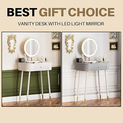 Miniatura 7 de WinZo Mesa de tocador de 24" con espejo y luces, pequeña mesa de tocador de maquillaje con 1 cajón de almacenamiento, elegante mesa de tocador con